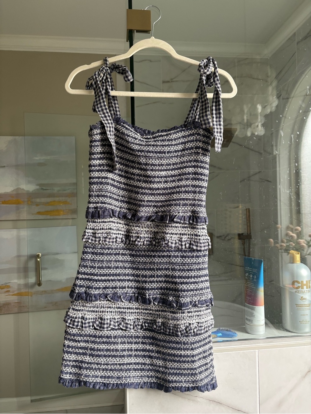 Storia Navy and White Striped Smocked Tie-Shoulder Mini Dress